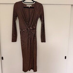 RowA Metallic Bronze Faux Wrap Midi Dress
